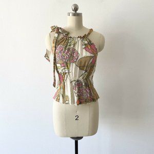 Trina Turk Floral Print Halter Tie Silk Top Size S